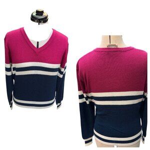Vintage Burgundy Navy V Neck Acrylic  Long sleeve Sweater Size Small